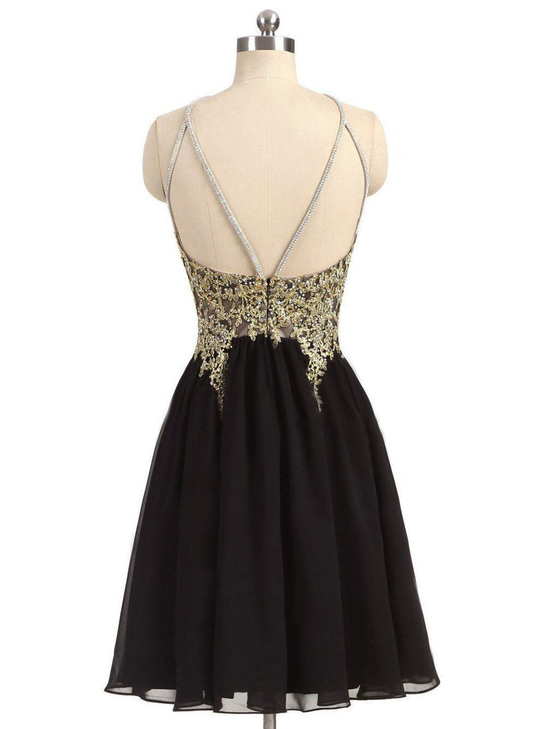 Gold Lace Beaded Black Chiffon Short Homecoming Prom Dresses, Affordable Short Party Prom Sweet 16 Dresses, Perfect Homecoming Cocktail Dresses, CM369