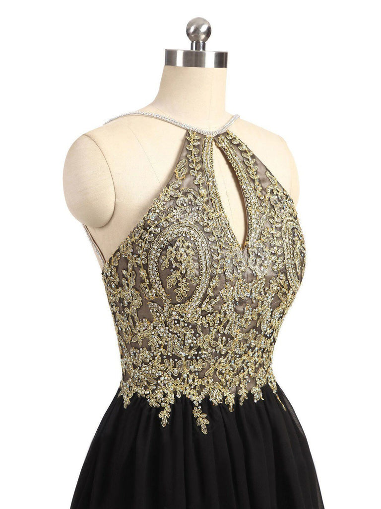 Gold Lace Beaded Black Chiffon Short Homecoming Prom Dresses, Affordable Short Party Prom Sweet 16 Dresses, Perfect Homecoming Cocktail Dresses, CM369