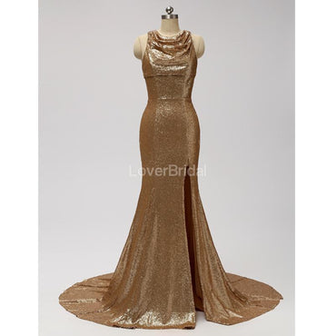 Gold Sequin See Through Halter Mermaid Long Cheap Bridesmaid Dresses Online, WG598