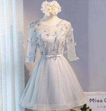 Gray Lace Long Sleeve Open Back Homecoming Prom Dresses, Affordable Short Party Prom Dresses, Perfect Homecoming Dresses, CM283