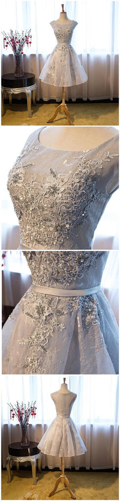 Gray Lace Sexy See Through Homecoming Prom Dresses, Affordable Short Party Prom Sweet 16 Dresses, Perfect Homecoming Cocktail Dresses, CM349