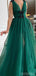 Green A-line Deep V-neck High Slit Long Prom Dresses Online,Dance Dresses,12598