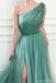 Green A-line One Shoulder High Slit Cheap Long Prom Dresses Online,12669