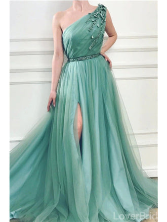 Green A-line One Shoulder High Slit Cheap Long Prom Dresses Online,12669