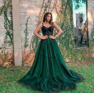 Green A-line Spaghetti Straps Cheap Long Prom Dresses Online,Dance Dresses,12404