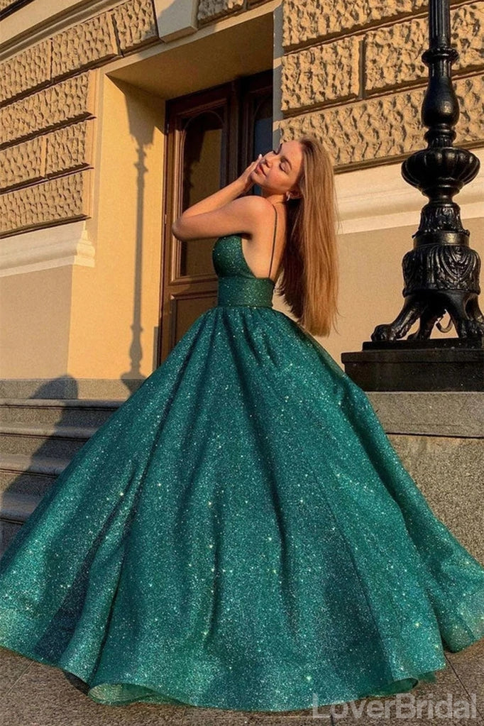 Green A-line Spaghetti Straps V-neck Cheap Long Prom Dresses,12662