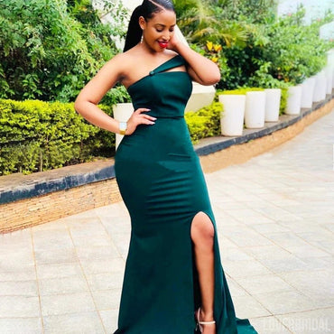 Green Mermaid One Shoulder Side Slit Cheap Long Bridesmaid Dresses Online,WG1023