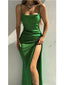 Green Mermaid Spaghetti Straps High Slit Cheap Long Prom Dresses Online,12737