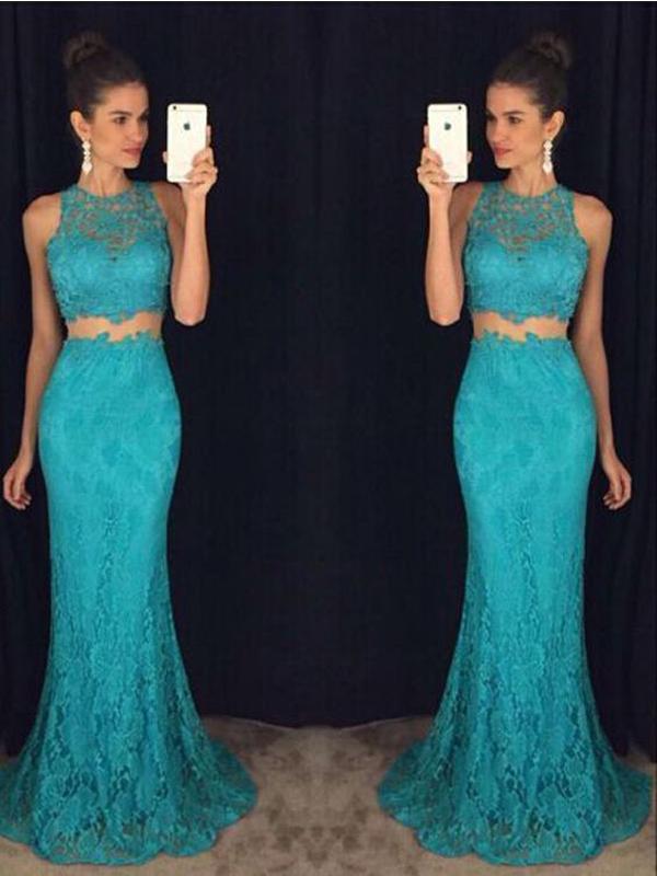 Green Mermaid Two Pieces Halter Cheap Prom Dresses Online, Evening Dresses,12466