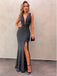 Grey Mermaid V-neck High Slit Cheap Long Prom Dresses Online,12763