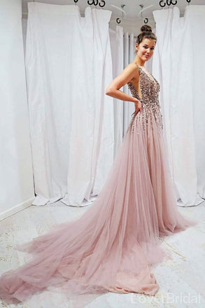 Grey Pink Beaded A-line Cheap Long Evening Prom Dresses, Evening Party Prom Dresses, 18623