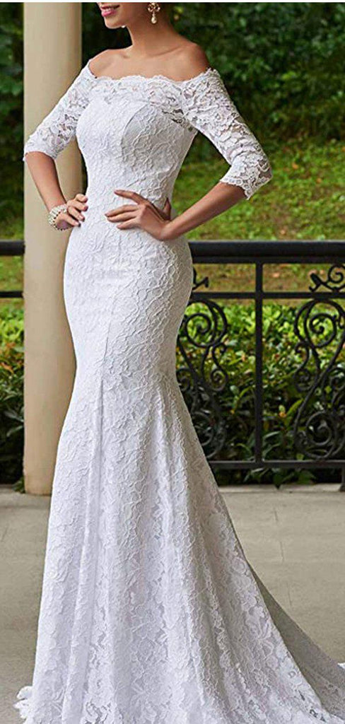 Half Sleeves Lace Mermaid Cheap Wedding Dresses, Cheap Wedding Gown, WD705