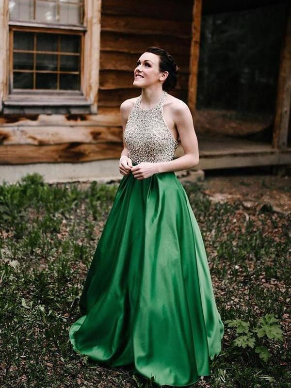 Halter Beaded Green Skirt A-line Long Evening Prom Dresses, Cheap Sweet 16 Dresses, 18310