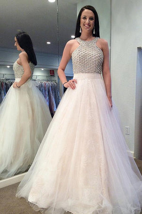 Halter Beaded Ivory A-line Cheap Evening Prom Dresses, Sweet 16 Dresses, 17496