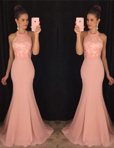 Halter Blush Pink Mermaid Evening Prom Dresses, 2017 Long Party Prom Dress, Custom Long Prom Dresses, Cheap Formal Prom Dresses, 17063