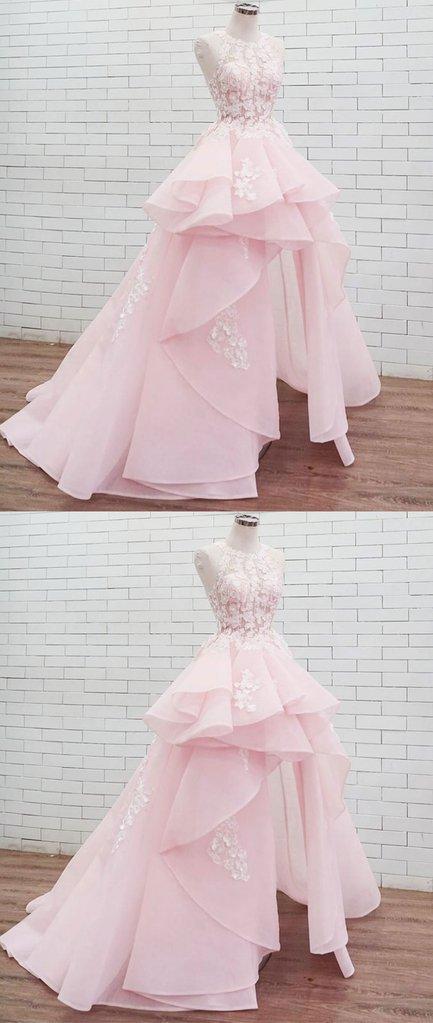Halter Lace High Low Pink Organza Long Evening Prom Dresses, Cheap Custom Sweet 16 Dresses, 18461