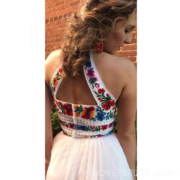 Halter Two Pieces Embroidery White Long Evening Prom Dresses, Cheap Custom Sweet 16 Dresses, 18457