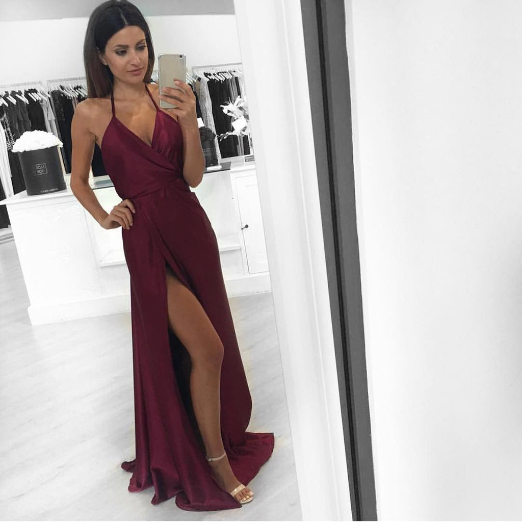 Halter V Neckline Maroon Evening Prom Dresses, Long Side Slit Sexy Party Prom Dress, Custom Long Prom Dresses, Cheap Formal Prom Dresses, 17128