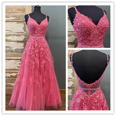 Hot Pink A-line Spaghetti Straps V-neck Cheap Long Prom Dresses Online,12620