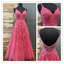 Hot Pink A-line Spaghetti Straps V-neck Cheap Long Prom Dresses Online,12620