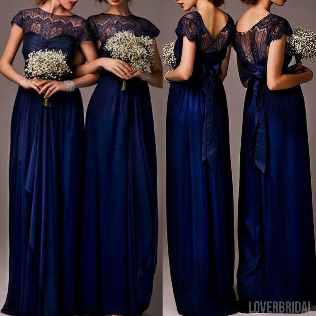 Impressive Discount Cap Sleeve Top Seen-Through Lace Elegant Royal Blue Long Bridesmaid Dresses, WG030