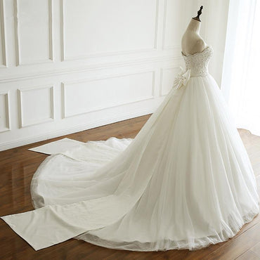 Lace Beaded Sweetheart Neckline A line Long Tail Wedding Bridal Dresses, Custom Made Wedding Dresses, Affordable Wedding Bridal Gowns, WD266