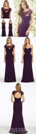 Lace Chiffon Sweet Heart Backless A Line Formal Floor-Length Purple Cap Sleeve Cheap Bridesmaid Dresses, WG48