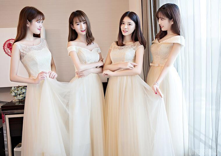 Lace Tulle Cute Long Bridesmaid Dresses, Mismatched Custom Long Bridesmaid Dresses, Cheap Bridesmaid Gowns, BD003