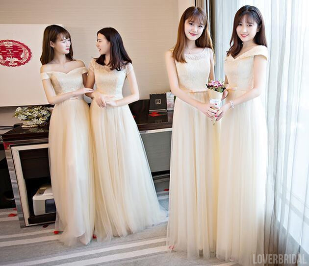 Lace Tulle Cute Long Bridesmaid Dresses, Mismatched Custom Long Bridesmaid Dresses, Cheap Bridesmaid Gowns, BD003