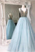 Light Blue Backless A line Evening Prom Dresses, Sexy Deep V neckline Party Prom Dress, Custom Long Prom Dresses, Cheap Formal Prom Dresses, 17048