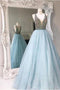 Light Blue Backless A line Evening Prom Dresses, Sexy Deep V neckline Party Prom Dress, Custom Long Prom Dresses, Cheap Formal Prom Dresses, 17048