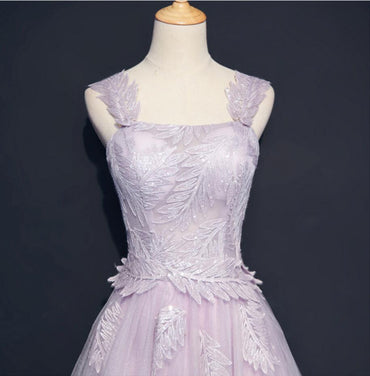 Lilac Cap Sleeve Straight Neckline Lace Long Evening Prom Dresses, Popular Party Prom Dresses, Custom Long Prom Dresses, Cheap Formal Prom Dresses, 17214