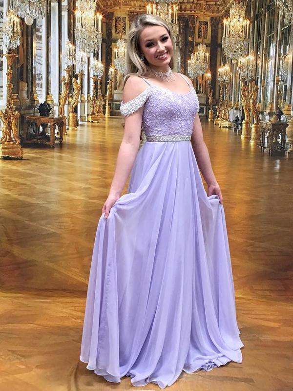 Lilac Off Shoulder Chiffon Lace Beaded Long Evening Prom Dresses, 17521