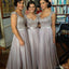 Long formal grey lace elegant a line seen through back floor-length Bridesmaid Dresses, WG02