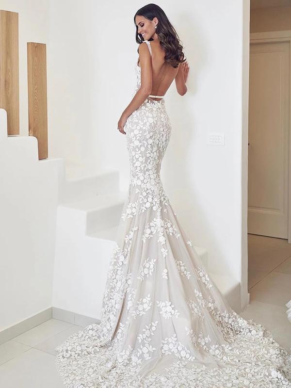 Long Mermaid Backless V-neck Spaghetti Straps Lace Wedding Dresses,WD738