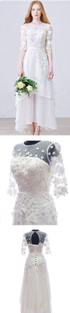 Long Sheath Scoop Half Sleeve Open Back Lace Up Wedding Dresses With Appliques, WD0146