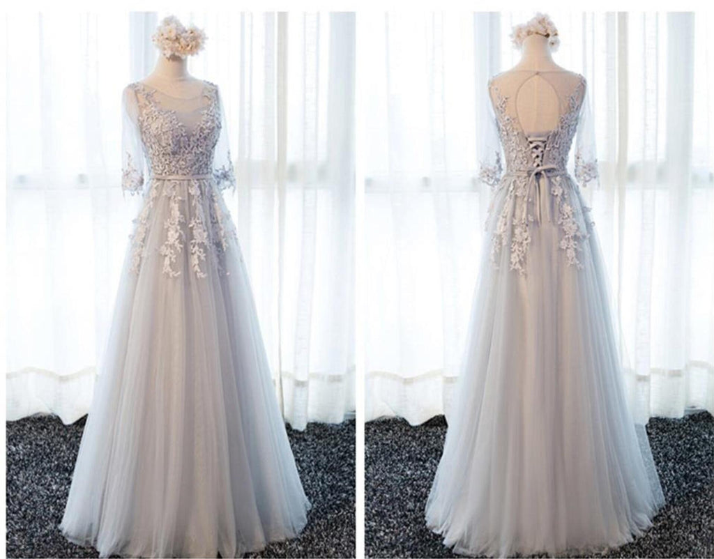 Long Sleeve Gray Lace Soft Tulle Long Bridesmaid Dresses, Cheap Custom Long Bridesmaid Dresses, Affordable Bridesmaid Gowns, BD017