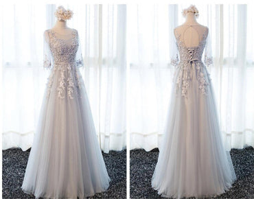 Long Sleeve Gray Lace Soft Tulle Long Bridesmaid Dresses, Cheap Custom Long Bridesmaid Dresses, Affordable Bridesmaid Gowns, BD017
