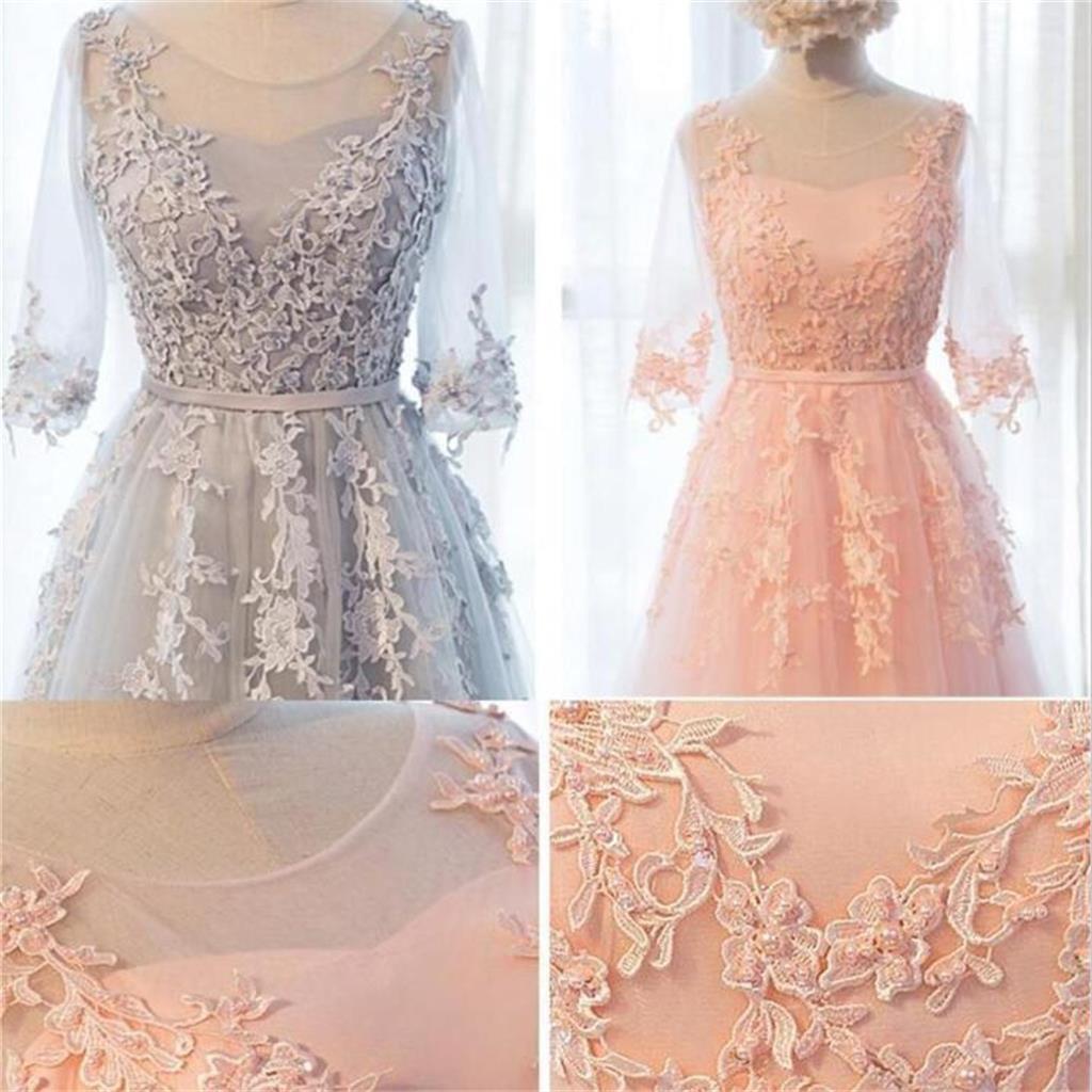 Long Sleeve Gray Lace Soft Tulle Long Bridesmaid Dresses, Cheap Custom Long Bridesmaid Dresses, Affordable Bridesmaid Gowns, BD017