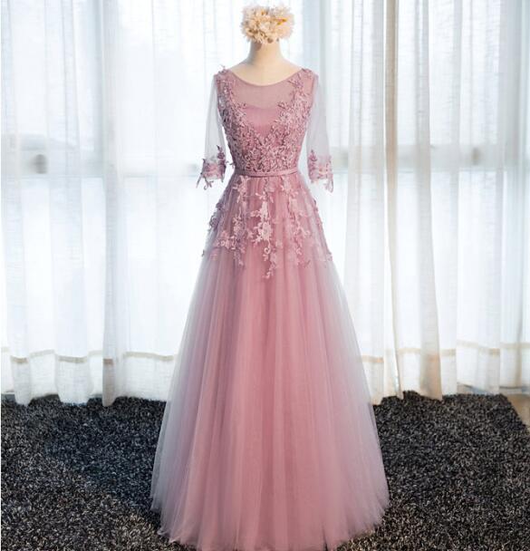 Long Sleeve Gray Lace Soft Tulle Long Bridesmaid Dresses, Cheap Custom Long Bridesmaid Dresses, Affordable Bridesmaid Gowns, BD017