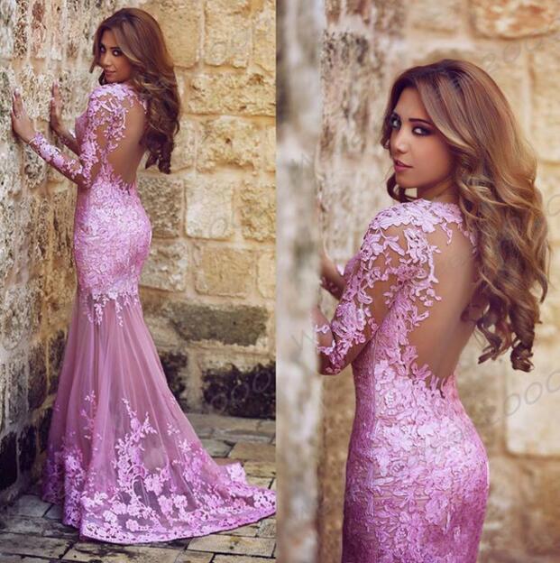 Long Sleeve Lace Prom Dresses, Lilac Lace Prom Dress, Long Prom Dress, Sexy Prom Dress, Dresses For Prom, Fashion Party Evening Dresses, PD1702