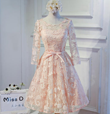 Long Sleeve Light Peach Open back Lace Cute Homecoming Prom Dresses, Affordable Short Party Prom Dresses, Perfect Homecoming Dresses, CM317