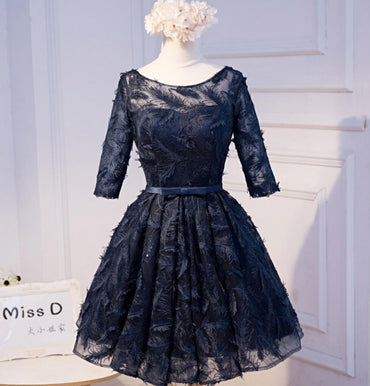 Long Sleeve Navy Scoop Neckline Homecoming Prom Dresses, Affordable Short Party Prom Dresses, Perfect Homecoming Dresses, CM292