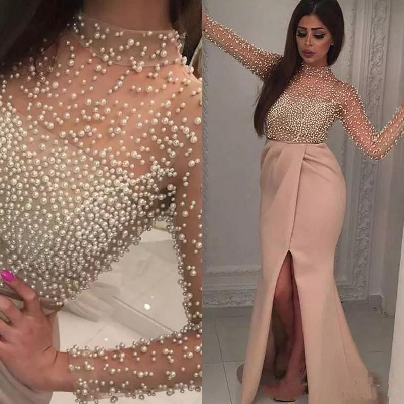 Long Sleeve Pearls Beaded Slit Mermaid Evening Prom Dresses, Popular Unique Party Prom Dress, Custom Long Prom Dresses, Cheap Formal Prom Dresses, 17167