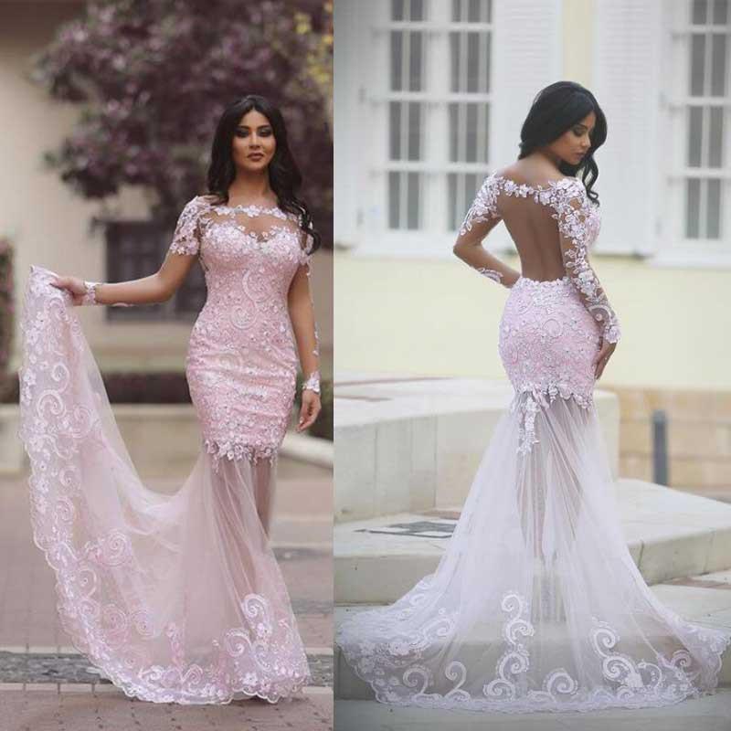Long Sleeve Pink Lace Mermaid Evening Prom Dresses, Sexy See Through Party Prom Dress, Custom Long Prom Dresses, Cheap Formal Prom Dresses, 17042