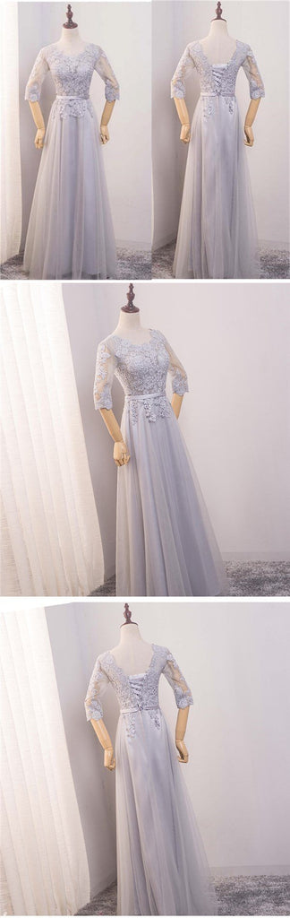 Long Sleeve Scoop Neckline Gray Lace Evening Prom Dresses, Popular Lace Party Prom Dresses, Custom Long Prom Dresses, Cheap Formal Prom Dresses, 17184