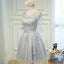 Long Sleeve V Neckline Gray Lace Tulle Short Homecoming Prom Dresses, Affordable Short Party Prom Sweet 16 Dresses, Perfect Homecoming Cocktail Dresses, CM366