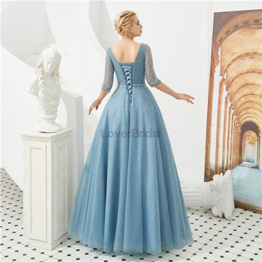 Long Sleeves Blue Beaded A-line Evening Prom Dresses, Evening Party Prom Dresses, 12130