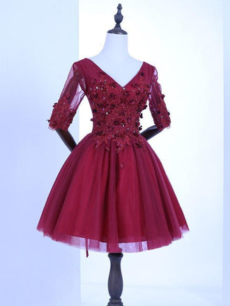 Long Sleeves Lace Burgundy Cheap Short Homecoming Dresses Online, CM668