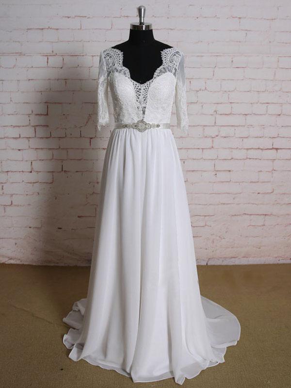 Long Sleeves Lace Cheap Beach Wedding Dresses Online, WD378